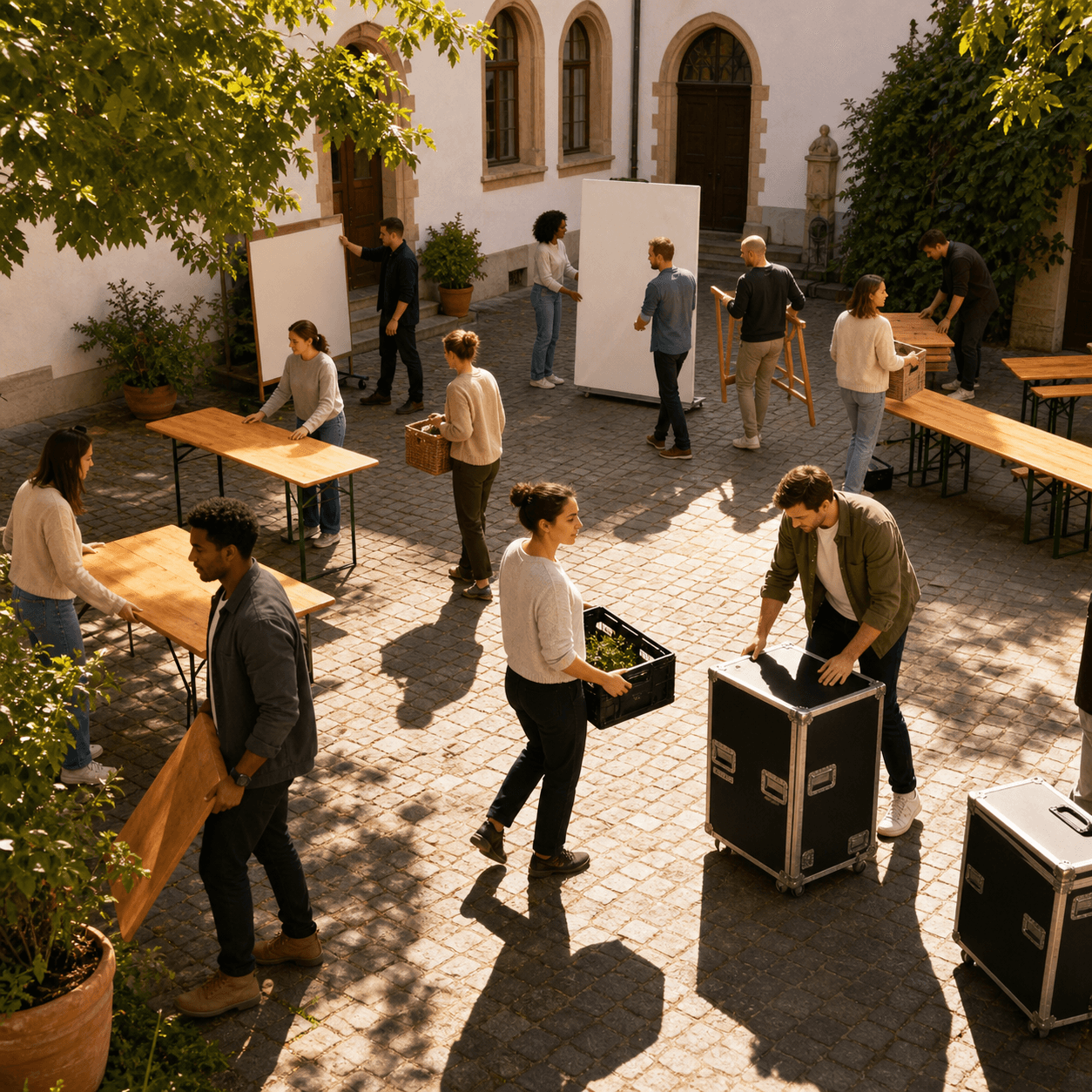 Ein Helferteam baut gemeinsam eine Veranstaltung im Innenhof auf
