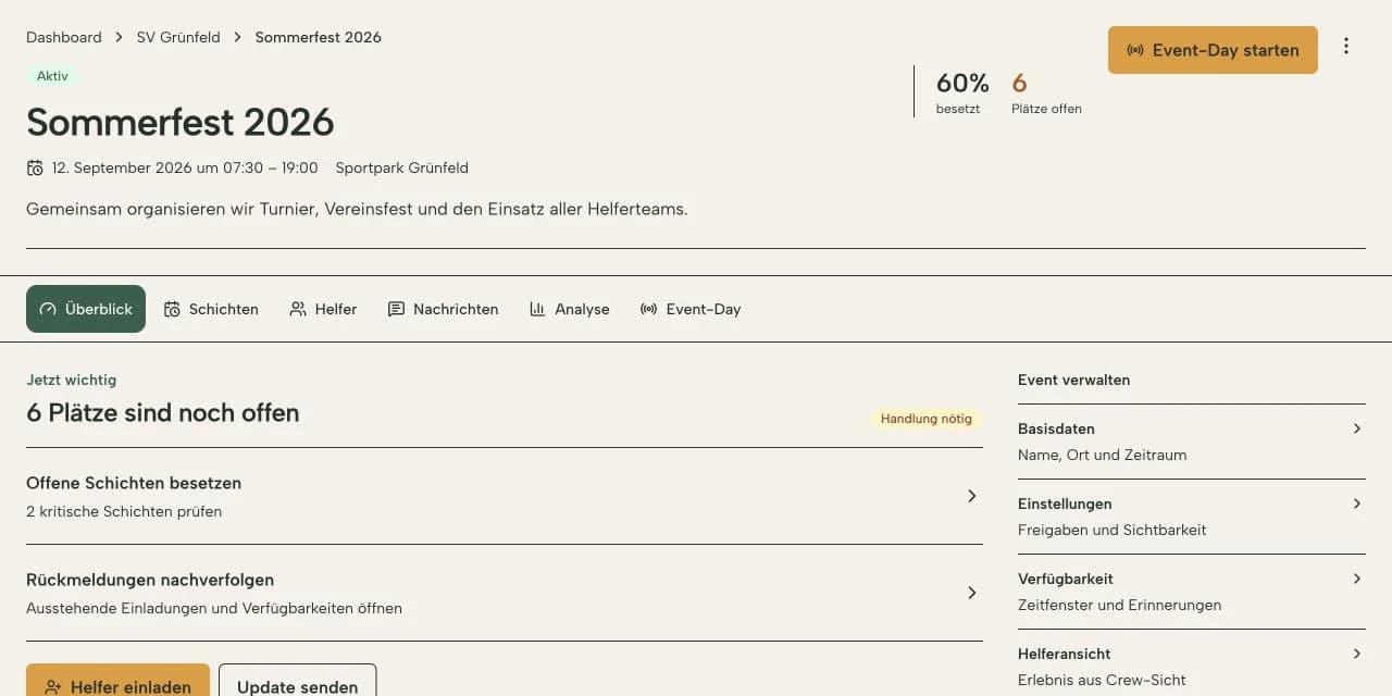 Crewio Event-Zentrale mit Besetzungsstand, offenen Schichten und nächsten Aufgaben