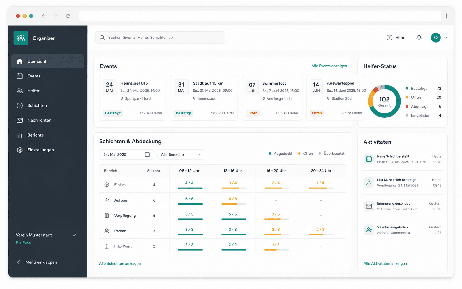 Crewio Organizer Command Center mit Events, Schichten und Helferstatus
